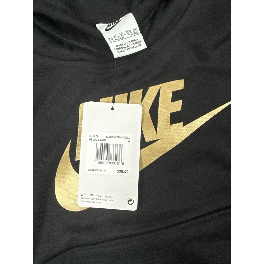Nike Kids XS 3-4Yrs Sportswear Club Fleece Hoodie Black Metallic Gold Logo NWT